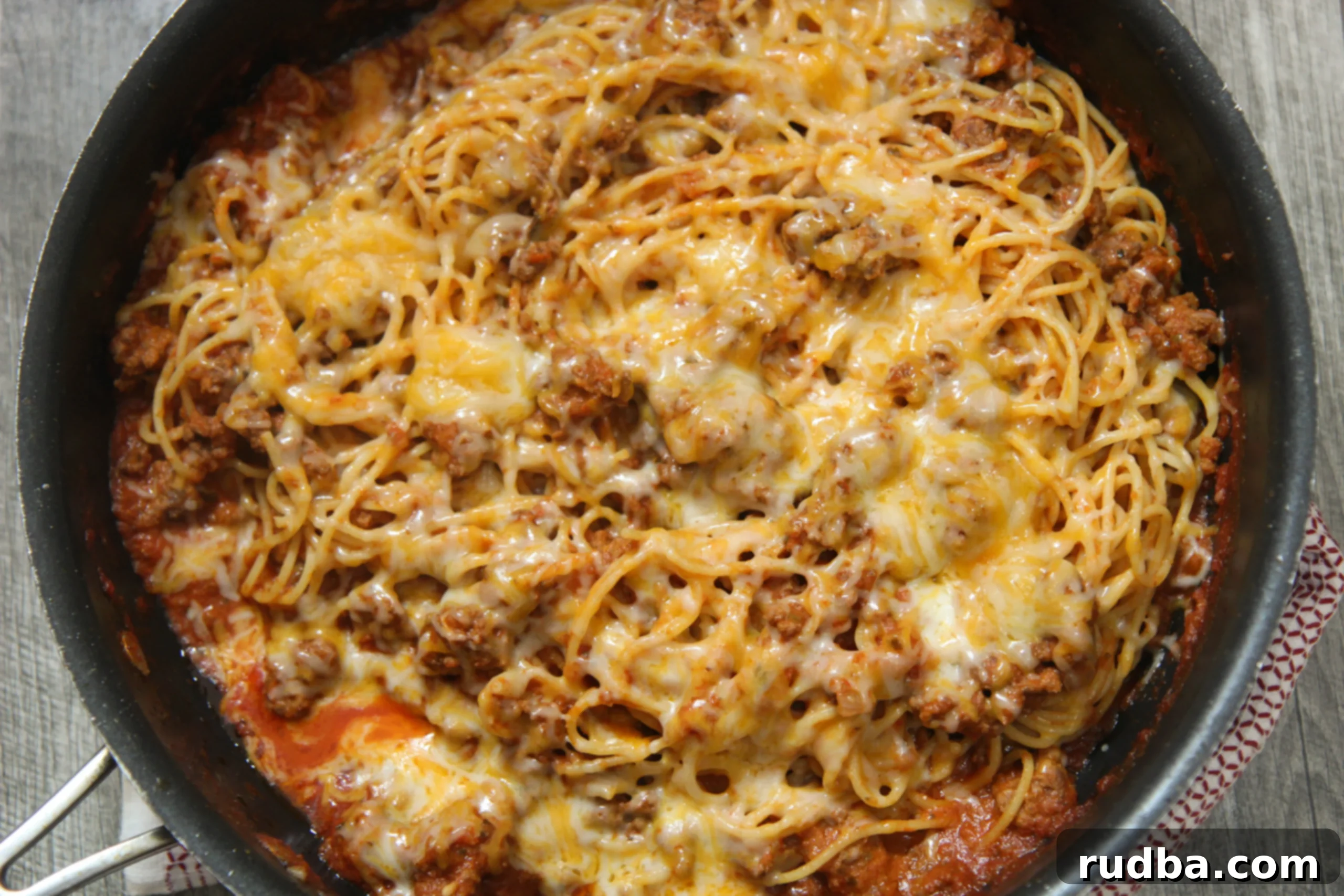 A close-up of Cooked By Julie's savory taco spaghetti, featuring Barilla pasta and sauce, ideal for a family dinner or a cozy winter evening.