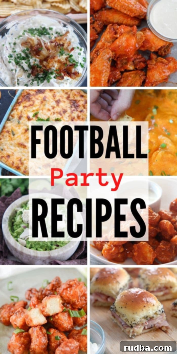 football party recipes collage with 8 photos.