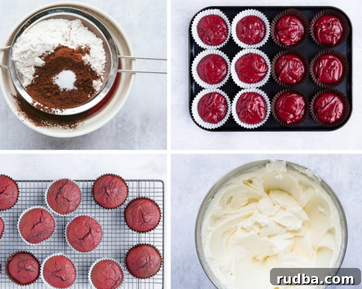 a photo collage with four photos. One photo with a sieve, all purpose, flour, cocoa powder, and salt. One photo with a cupcake pan with 12 filled cupcake liners with batter, one photo shows baked red velvet cupcakes, and the final photo shows a bowl of cream cheese frosting. 