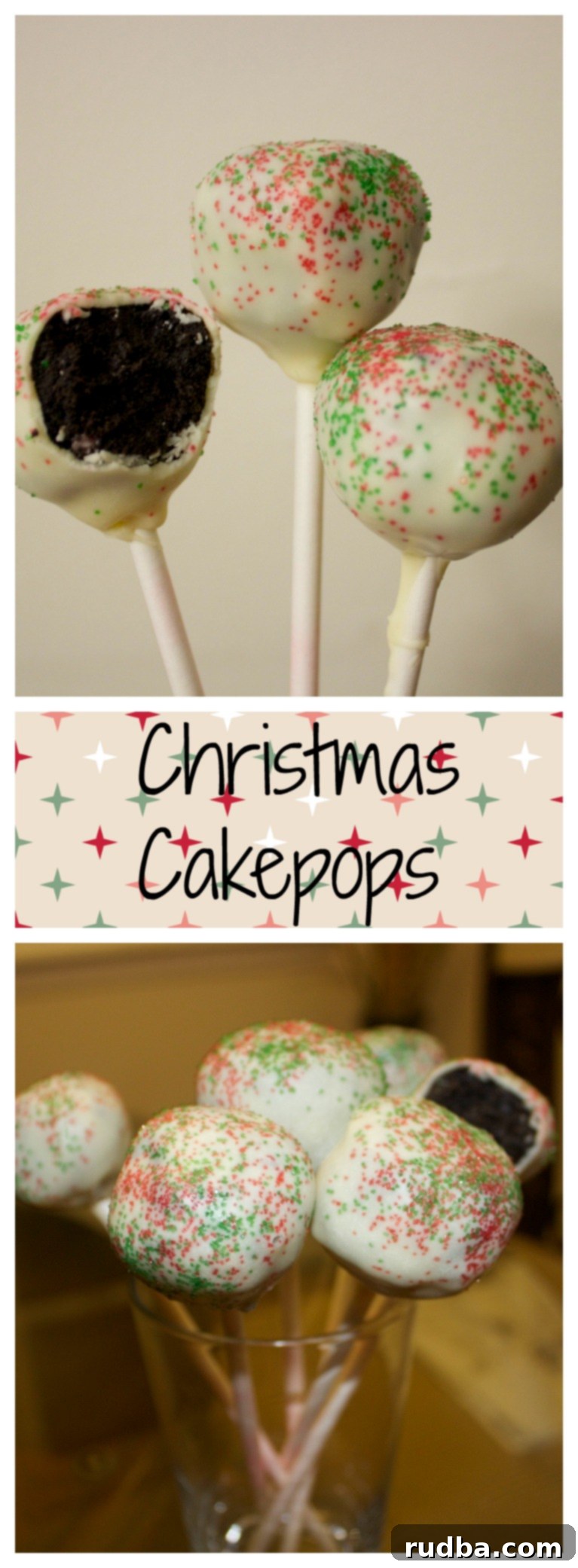 Christmas Cake Pops: Oreo Peppermint cake pops covered in white chocolate and sprinkled with red and green sugar crystals.