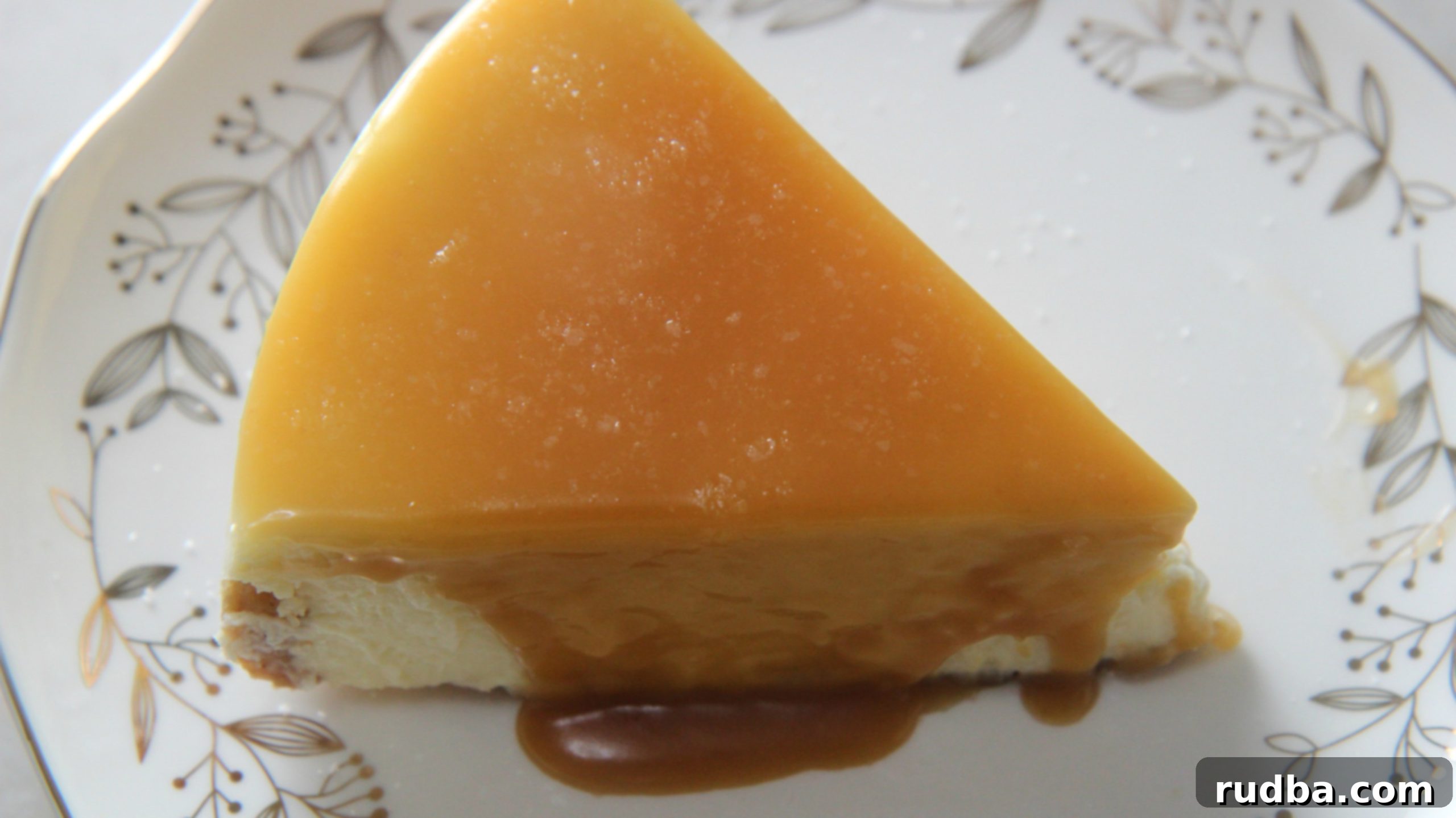 A perfectly portioned slice of salted caramel cheesecake on a pristine white plate, ready to be enjoyed.