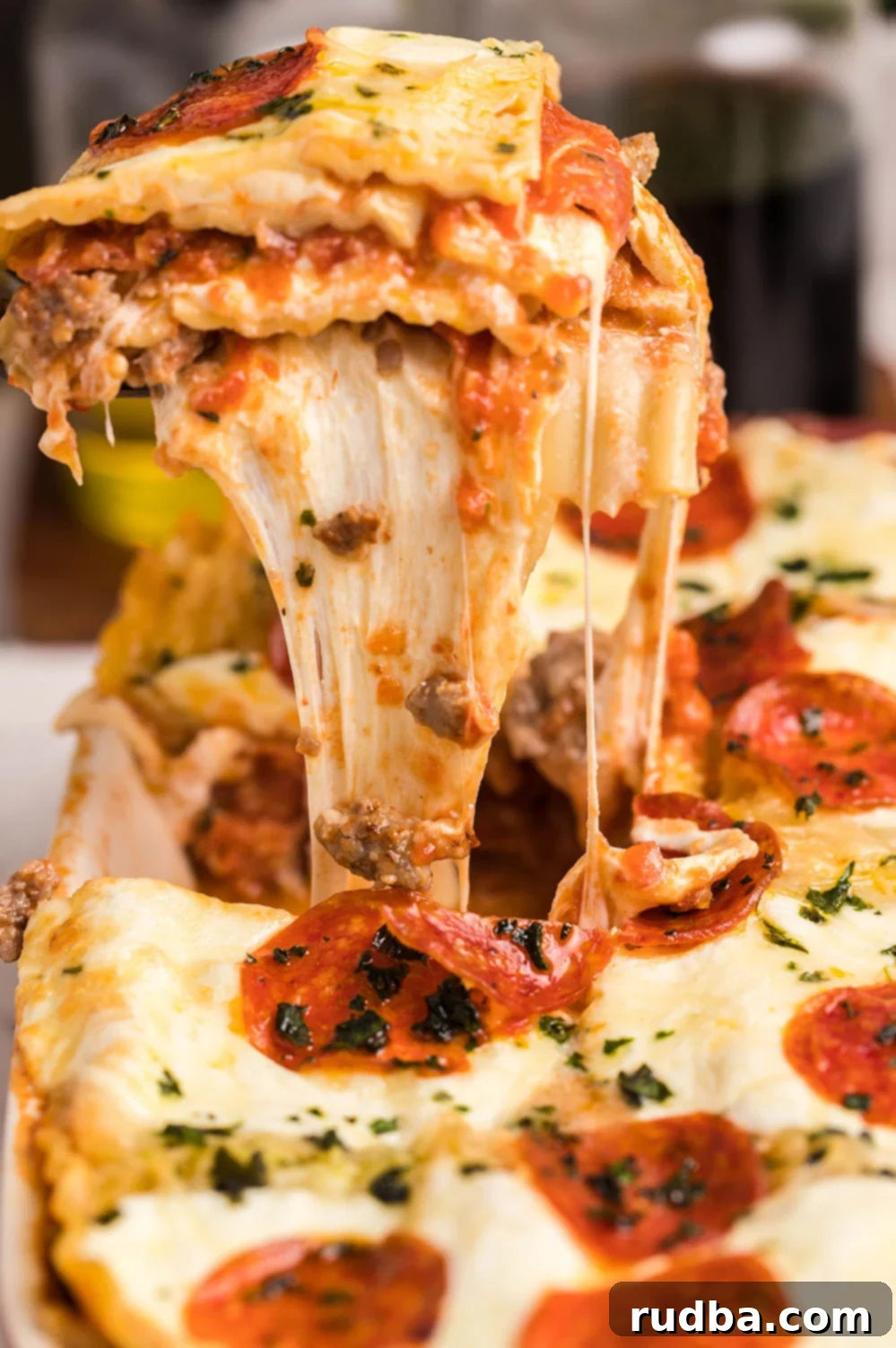a slice of lasagna up close.