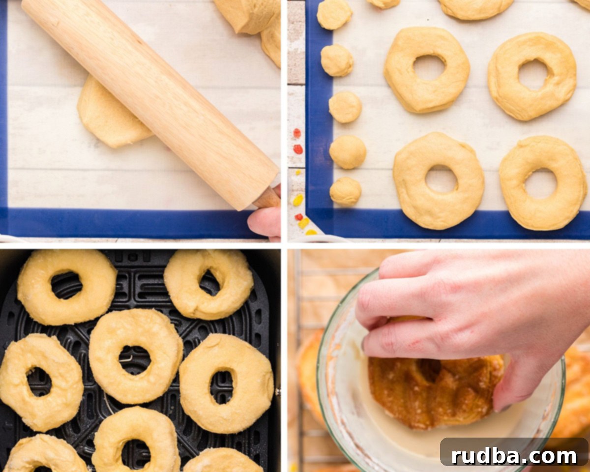 A four-panel photo collage illustrating the step-by-step process of making fruity pebble donuts. Images show rolling out biscuit dough, using a cutter for donut shapes, donuts cooking in an air fryer, and a hand applying the glaze.