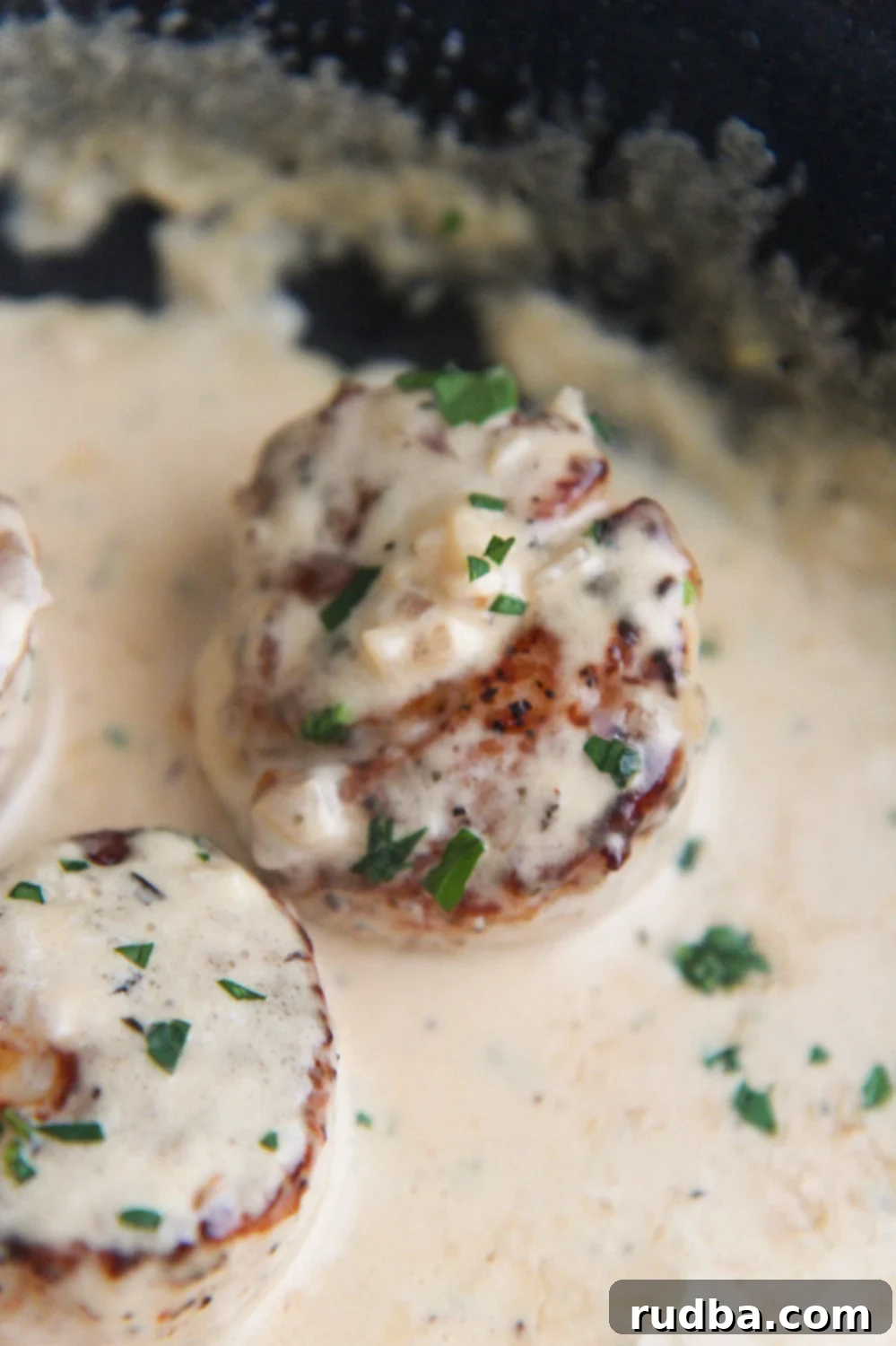 Two seared scallops beautifully presented in a creamy garlic parmesan sauce, garnished with fresh parsley and ready to serve.