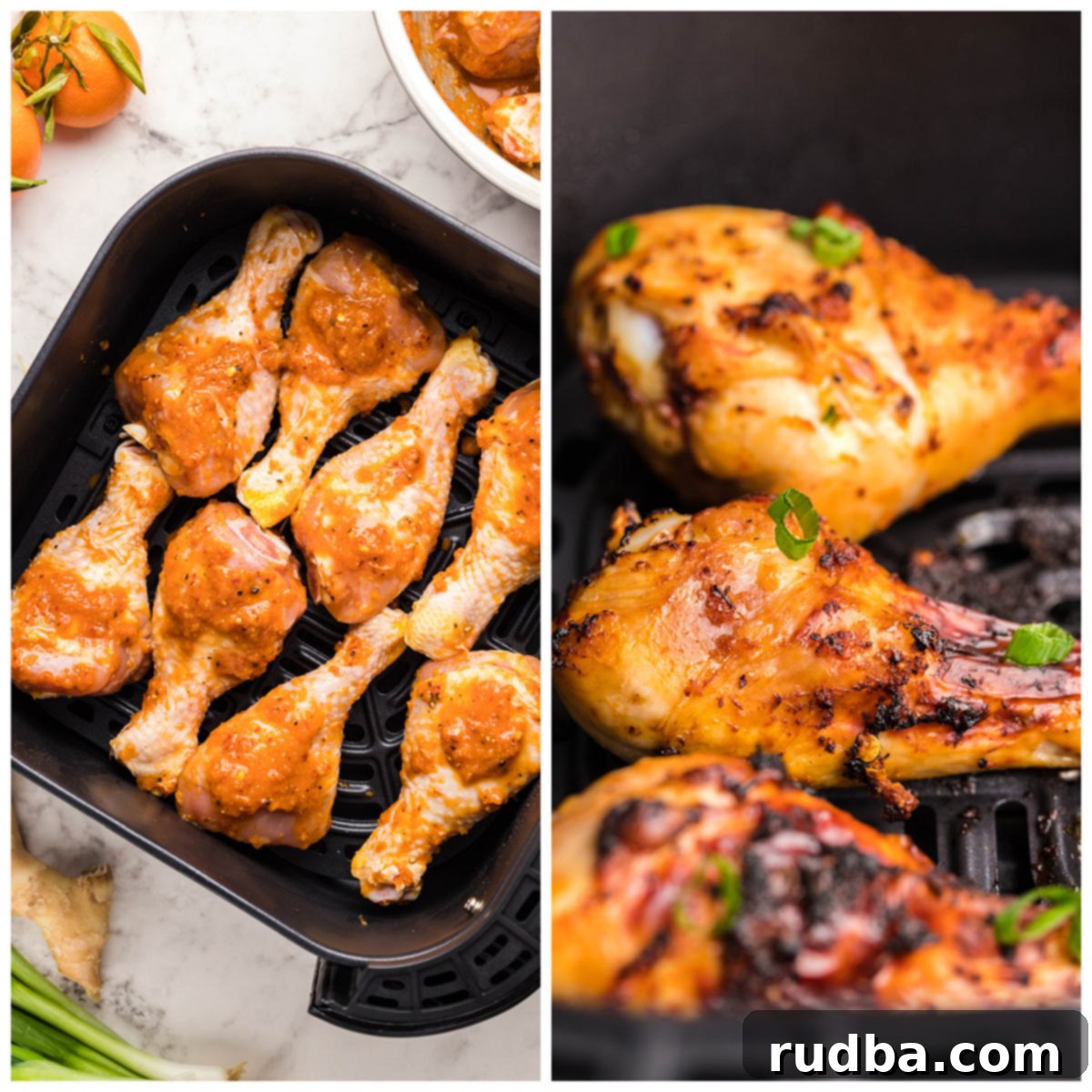 A photo collage showing raw chicken legs marinating in an air fryer basket and cooked, crispy chicken legs in the same basket.