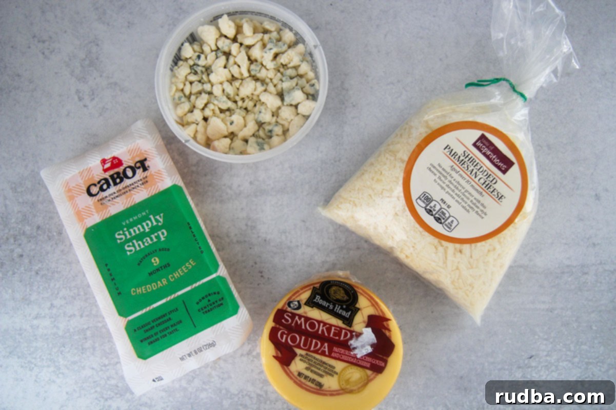 four ingredients, cheddar, gouda, parmesan, and gorgonzola. 