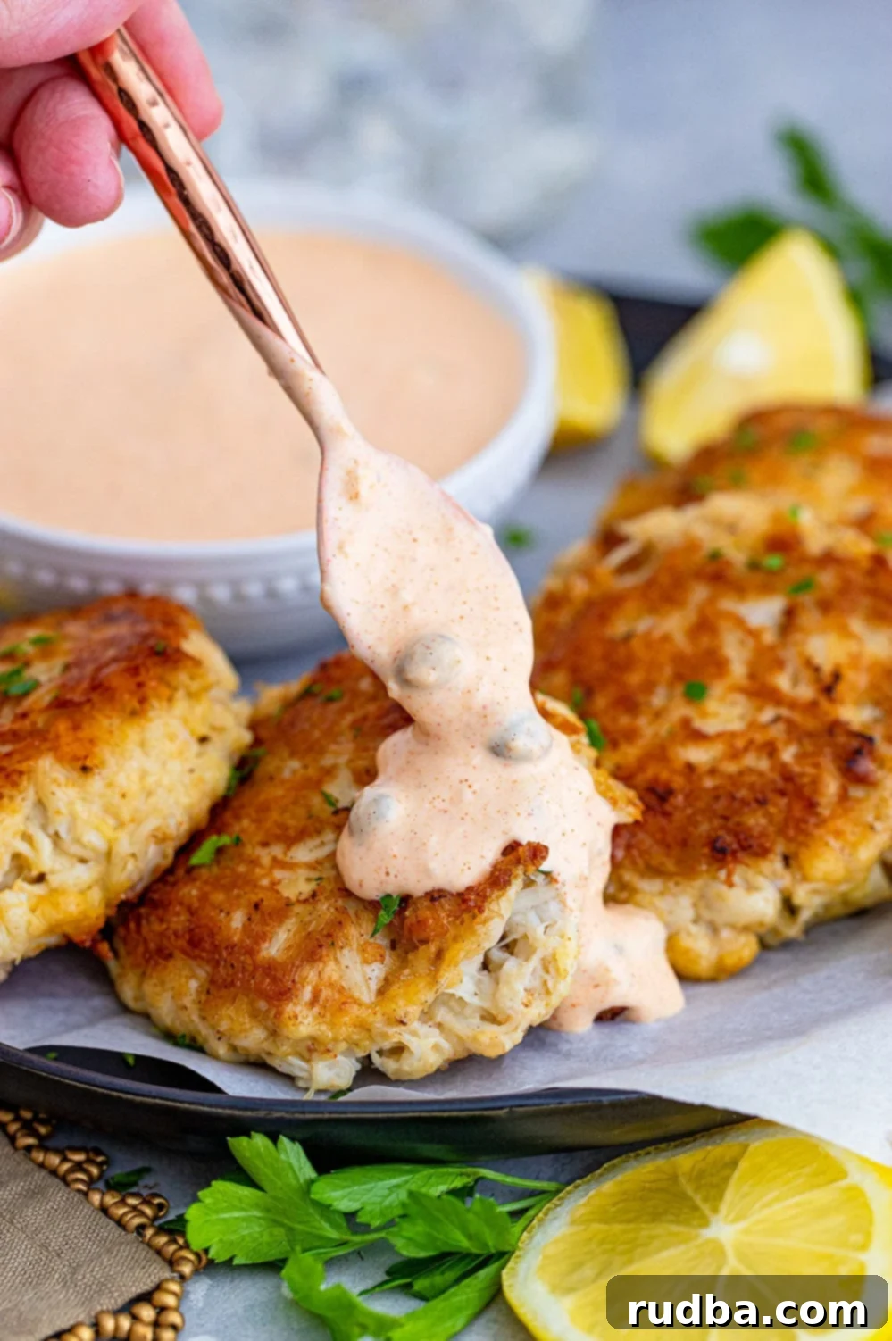 Golden Crab Cakes with Zesty Remoulade 6 crab cakes with remoulade sauce on top