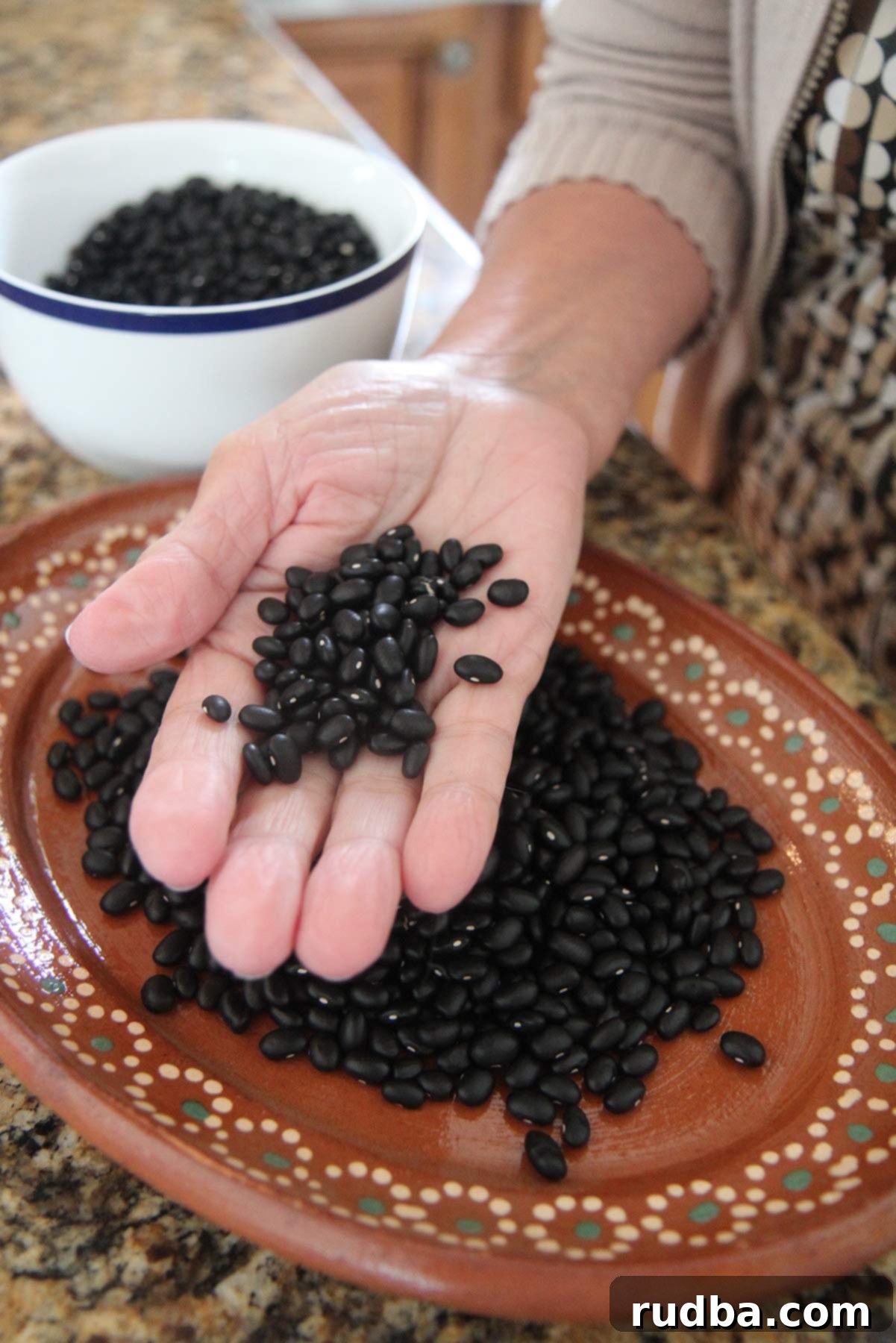 Classic Cuban Black Beans and Rice 3 a hand holding dried black beans.