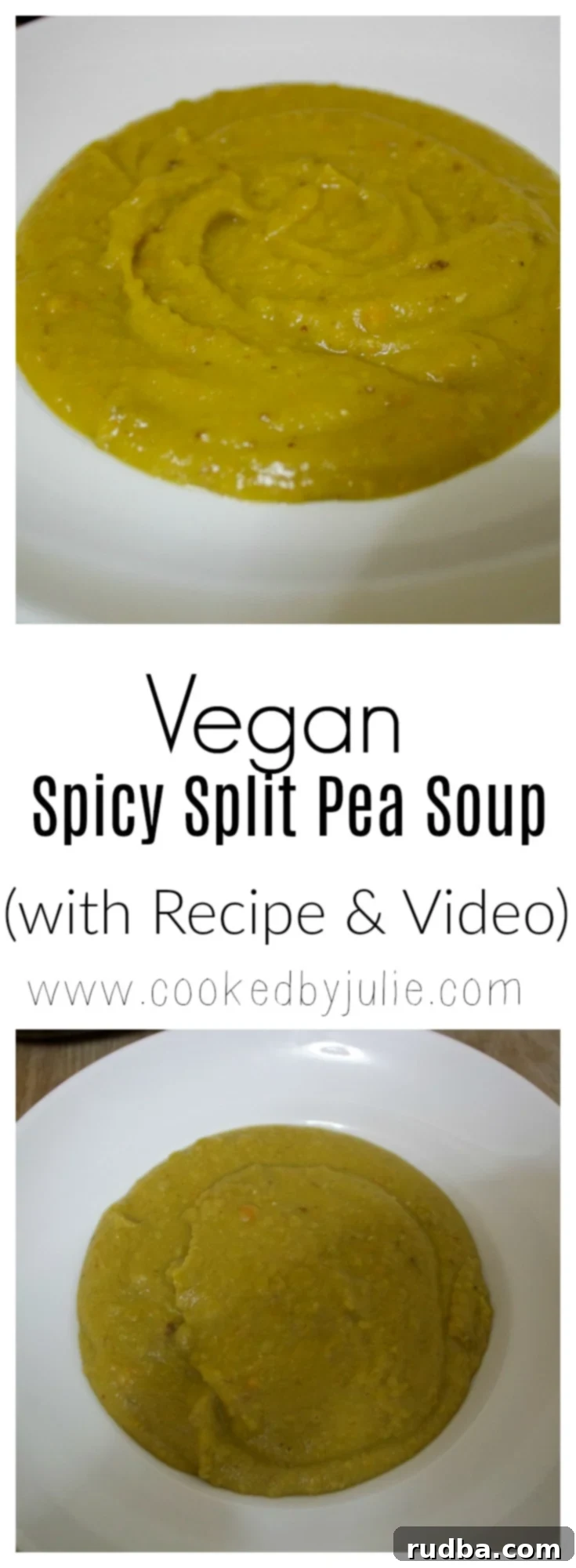 A close-up of a delicious vegan spicy split pea soup, ready to be served.