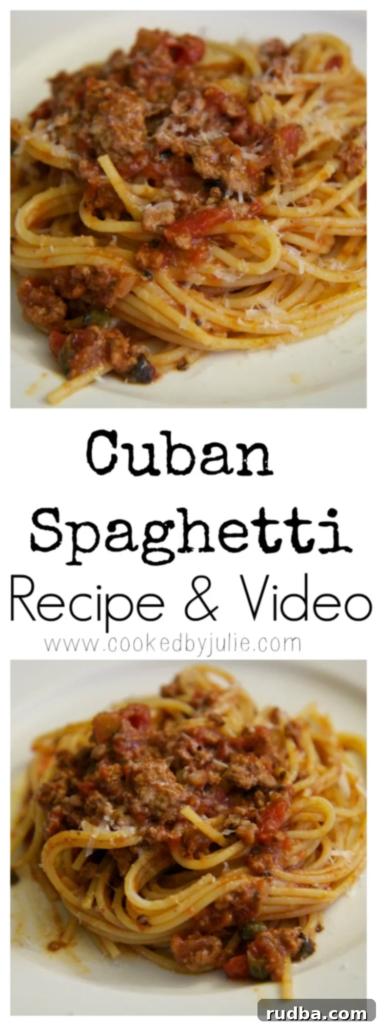 Try this Cuban Spaghetti recipe from CookedbyJulie.com. A close-up of Cuban spaghetti showcasing the rich meat sauce and pasta.