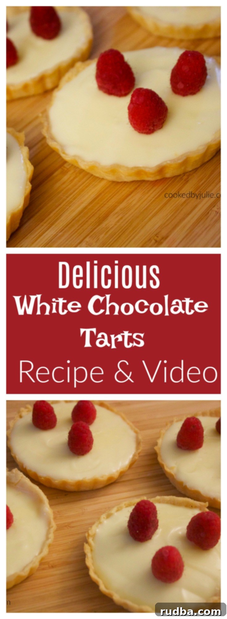 Three individual white chocolate tarts beautifully arranged, showcasing their golden crusts and creamy white filling.
