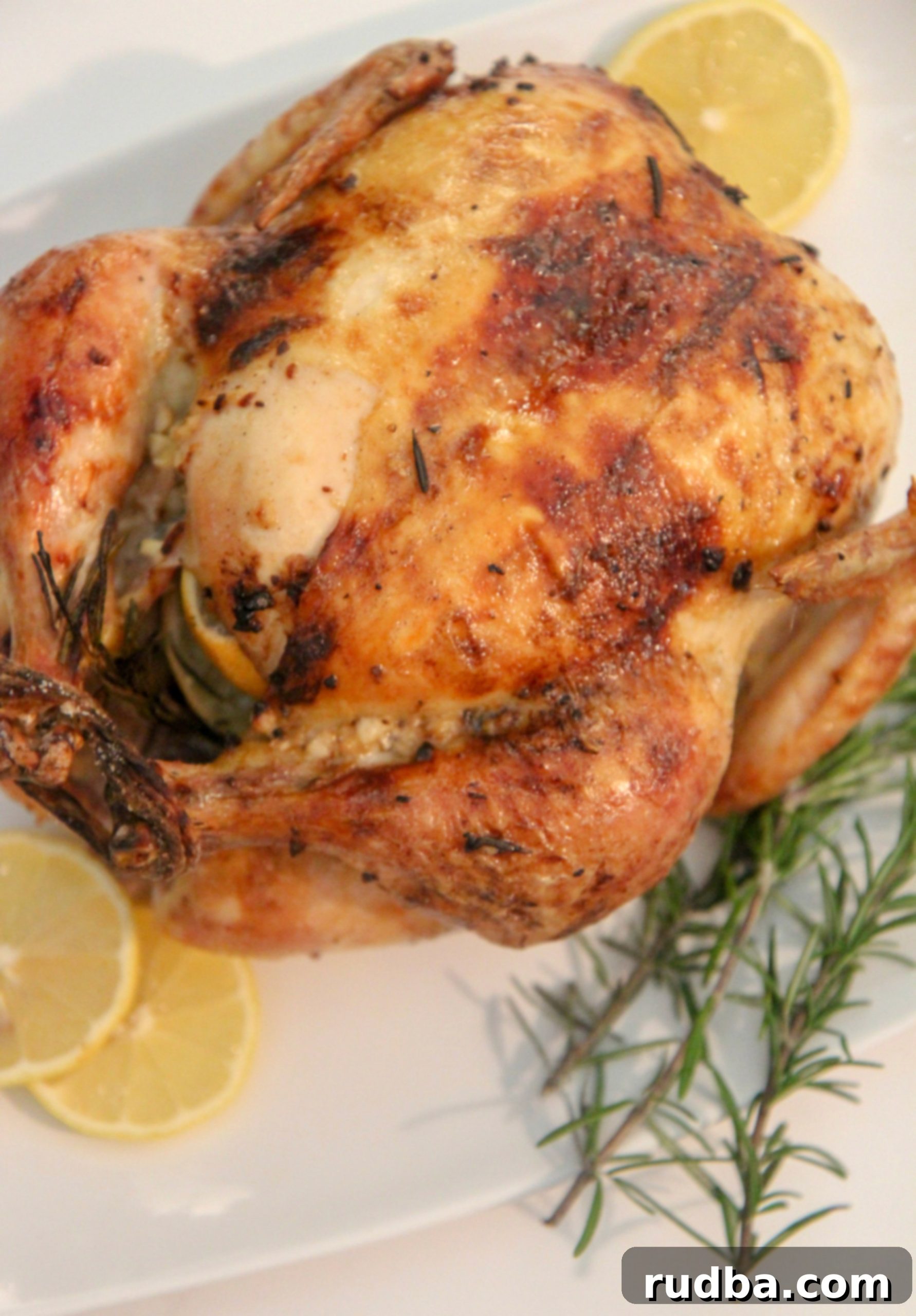 lemon garlic roast chicken on a white platter with rosemary sprigs and lemon slices.