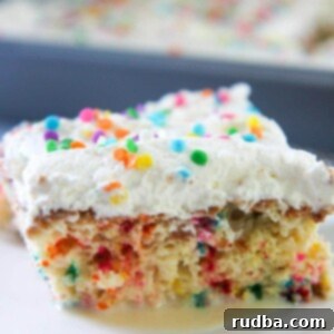 Party Perfect Funfetti Tres Leches 2 a slice of funfetti tres leches cake up close.