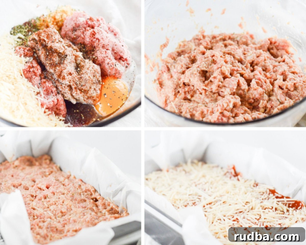 a photo collage with four photos. A bowl with meatloaf ingredients, a bowl with the meat and ingredients mixed, a loaf pan with meatloaf and parchment paper and meatloaf with shredded mozzarella cheese on top. 