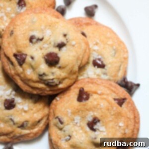 Five brown butter chocolate chip cookies on a plate, ready to be enjoyed.