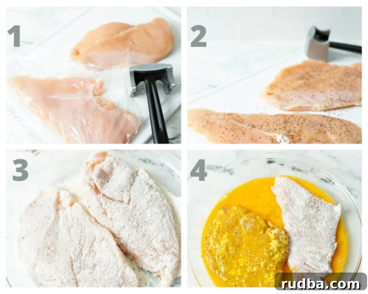 a collage with four photos showing chicken breasts and a meat mallet. Chicken breasts dipped in egg wash and coated in flour. 