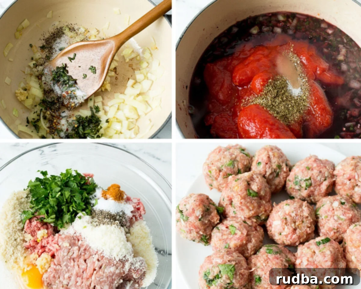 A collage with four photos. One photo shows a dutch oven with herbs, onions, and a wooden spoon. One photo shows tomatoes and wine, another photo shows the meatball mixture, and the final photo shows rolled raw meatballs.