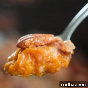 Slow Cooker Sweet Potato Bliss 2 A spoonful of slow cooker sweet potato casserole with pecan topping.