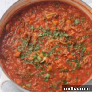 Lazy Cabbage Roll Soup 2 Hearty Cabbage Roll Soup in a white pot, ready to be served, perfect for a comforting meal.