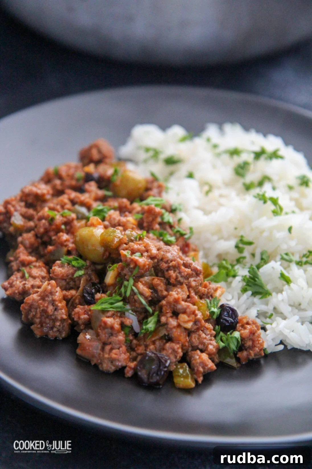 picadillo Cubano with white rice on a plate 