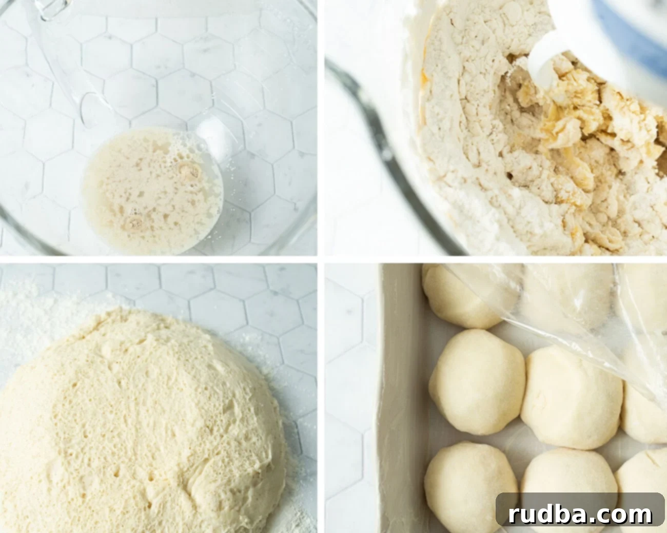 A collage of four process photos showing the steps for making dinner rolls: a bowl with warm water and yeast, a stand mixer with flour and butter, a bowl with dough rising covered with a towel, and shaped dinner rolls in a baking sheet covered with plastic wrap.