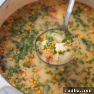 Homestyle Cheesy Potato Delight 2 A ladle serving Caldo de Queso from a large white Dutch oven, highlighting the cheese and potato pieces.