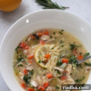 Bright Lemon Chicken Orzo Soup 2 A bowl of lemon chicken orzo soup.