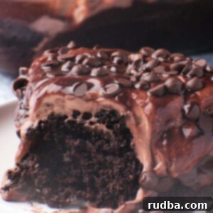 A slice of chocolate poke cake up close, showcasing its moist texture and creamy chocolate whipped topping.