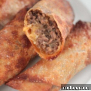 air fryer cheeseburger egg rolls up close.