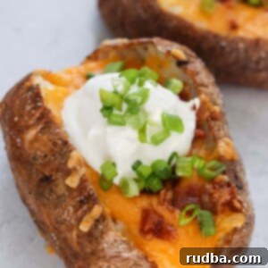 air fryer loaded baked potatoes up close.