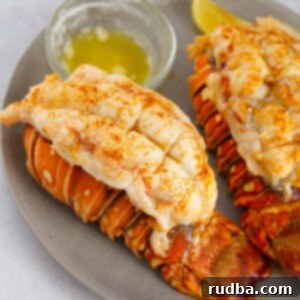 Melt-in-Your-Mouth Buttery Broiled Lobster Tails 2 two broiled lobster tails with melted butter on the side.