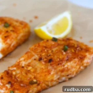 baked spicy honey halibut up close.
