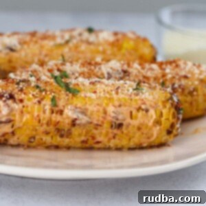 Air Fryer Mexican Street Corn 2 air fryer Mexican corn on a plate.
