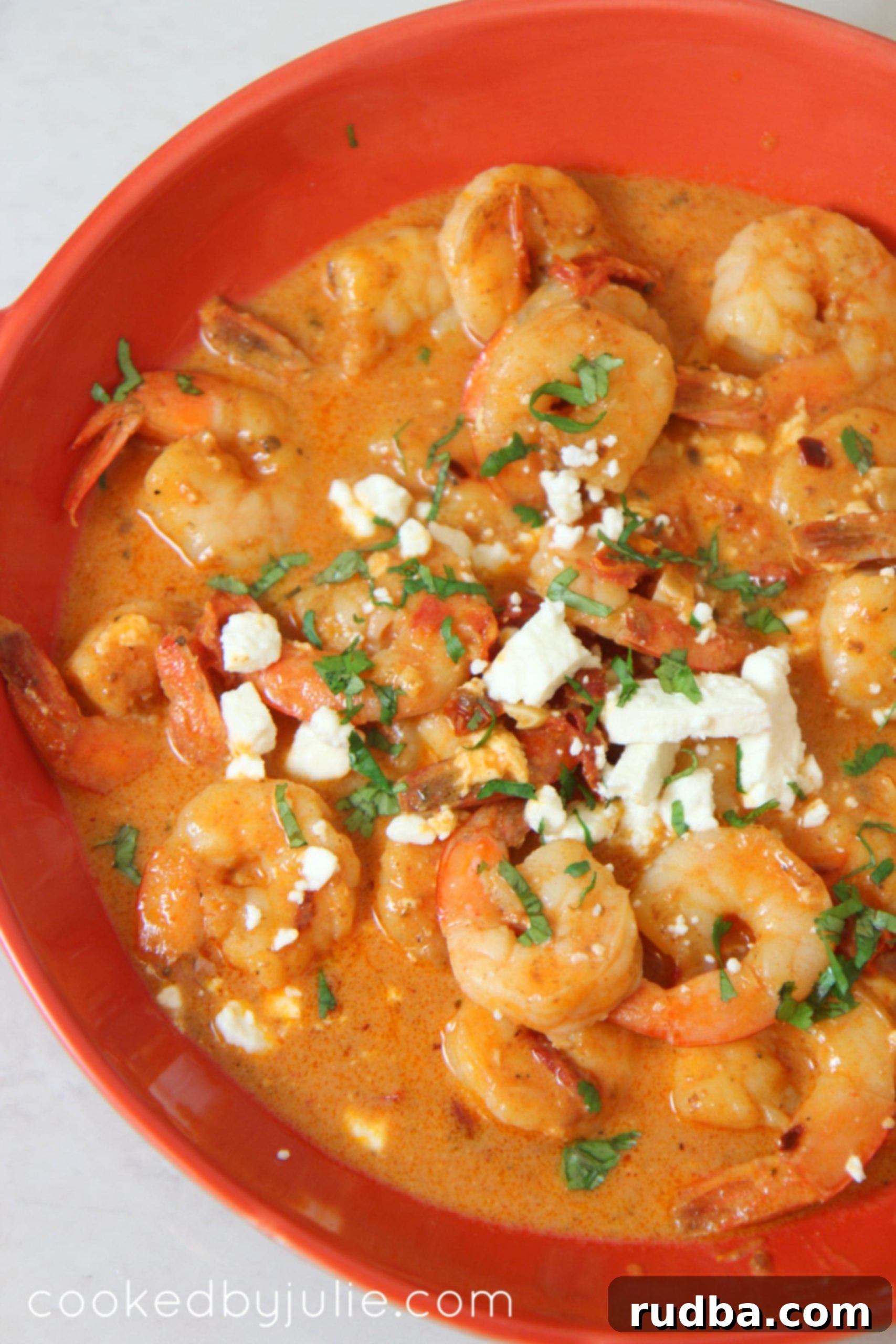 Succulent saucy shrimp with feta cheese, parsley, and sun-dried tomatoes in a bowl.