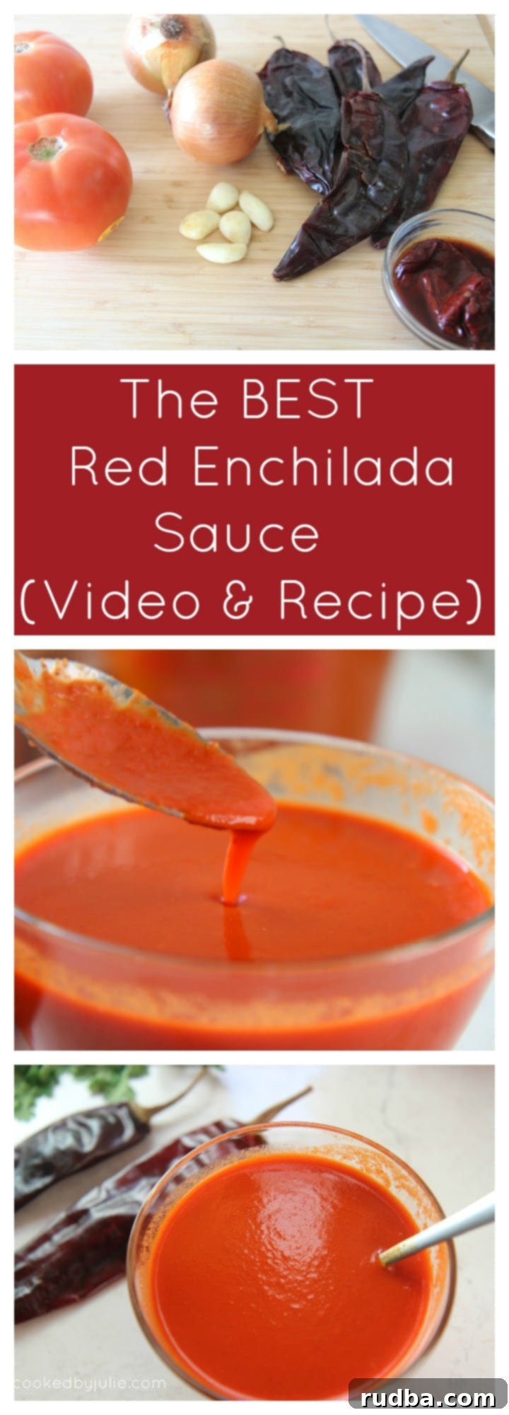 The Best Homemade Red Enchilada Sauce recipe banner from Cooked By Julie