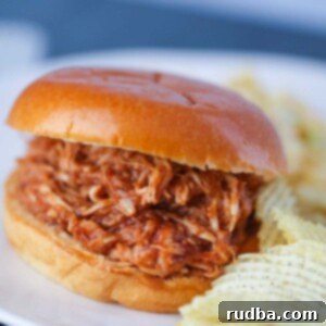 Easy Slow Cooker BBQ Chicken 2 Pulled BBQ chicken sandwich with potato chips on the side.
