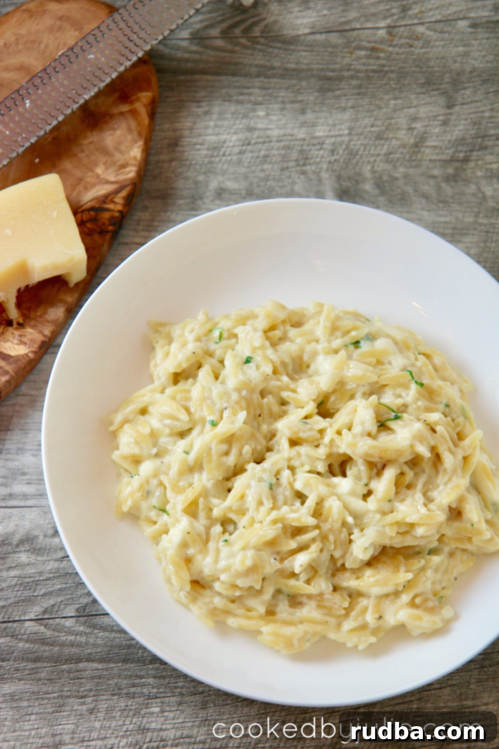 A beautifully plated bowl of creamy cheesy garlic orzo, garnished with fresh herbs, sitting on a rustic gray surface. In the background, a block of fresh Parmesan cheese and a microplane hint at the quality ingredients used.