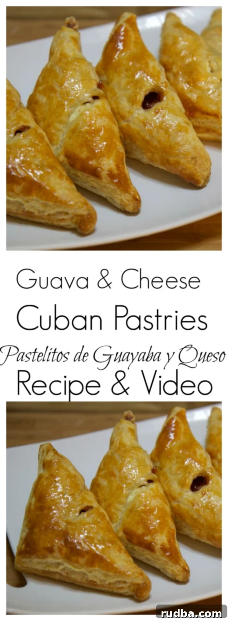 Close-up of a perfectly baked Guava and Cheese Pastry (Pastelitos de Guayaba y Queso) with golden-brown crust and a hint of the sweet guava and creamy cheese filling. Learn how to make these from Cookedbyjulie.com today!