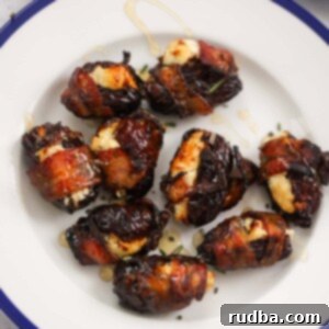 air fryer goat cheese bacon wrapped dates on a plate.