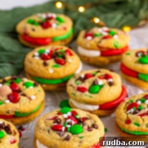 Close-up of festive M&M Christmas sandwich cookies.