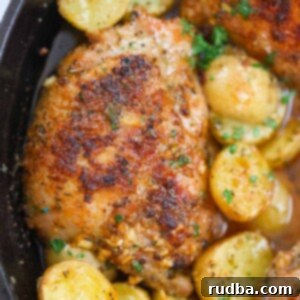 Golden Roasted Chicken Thighs and Potatoes 2 Roasted chicken thighs and potatoes in a cast iron skillet.