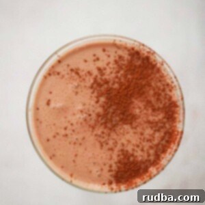 Decadent Chocolate Coquito 2 Chocolate coquito in a martini glass up close, garnished with cocoa powder.