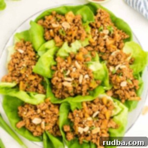 Savory Chicken Lettuce Wraps 2 chicken lettuce wraps on a plate.