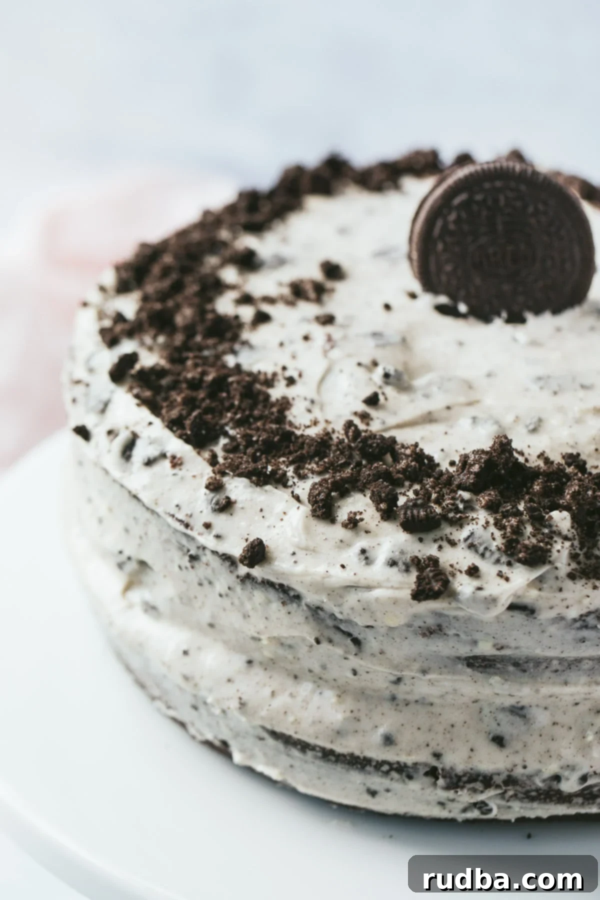 A close-up shot of half of a whole Oreo cake, showcasing its layers and rich frosting.