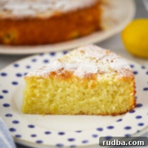 Sun-Kissed Lemon Olive Oil Cake 2 A beautifully presented slice of lemon olive oil cake on a plate, with the rest of the cake in the background, dusted with powdered sugar.