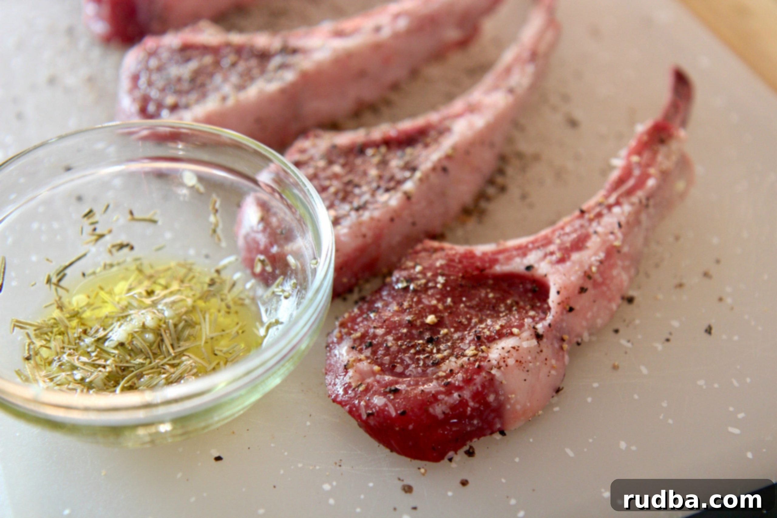 Raw lamb chops on a cutting board, surrounded by fresh garlic cloves, rosemary sprigs, salt, and pepper, ready for seasoning.