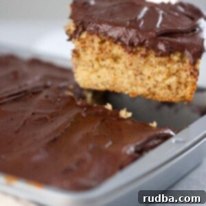 A slice of banana cake with chocolate frosting.