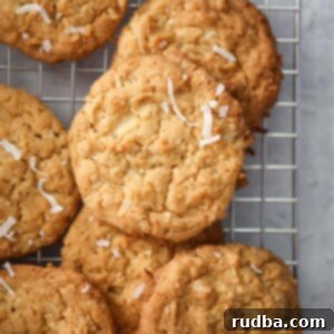 Delicious Coconut Cookies 2 chewy coconut cookies on a wire rack.