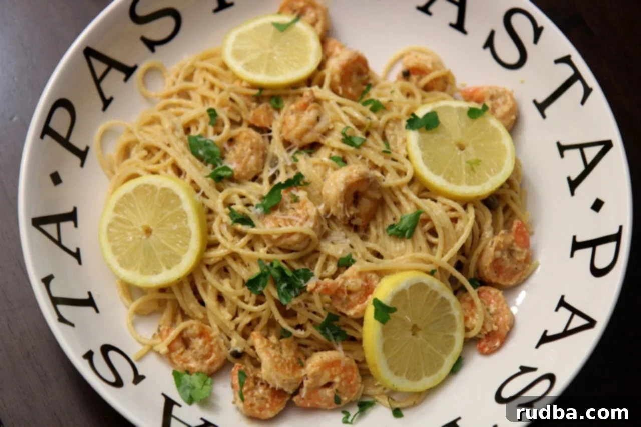 Delicious Creamy Lemon Shrimp Pasta cooked to perfection, ready to be served.