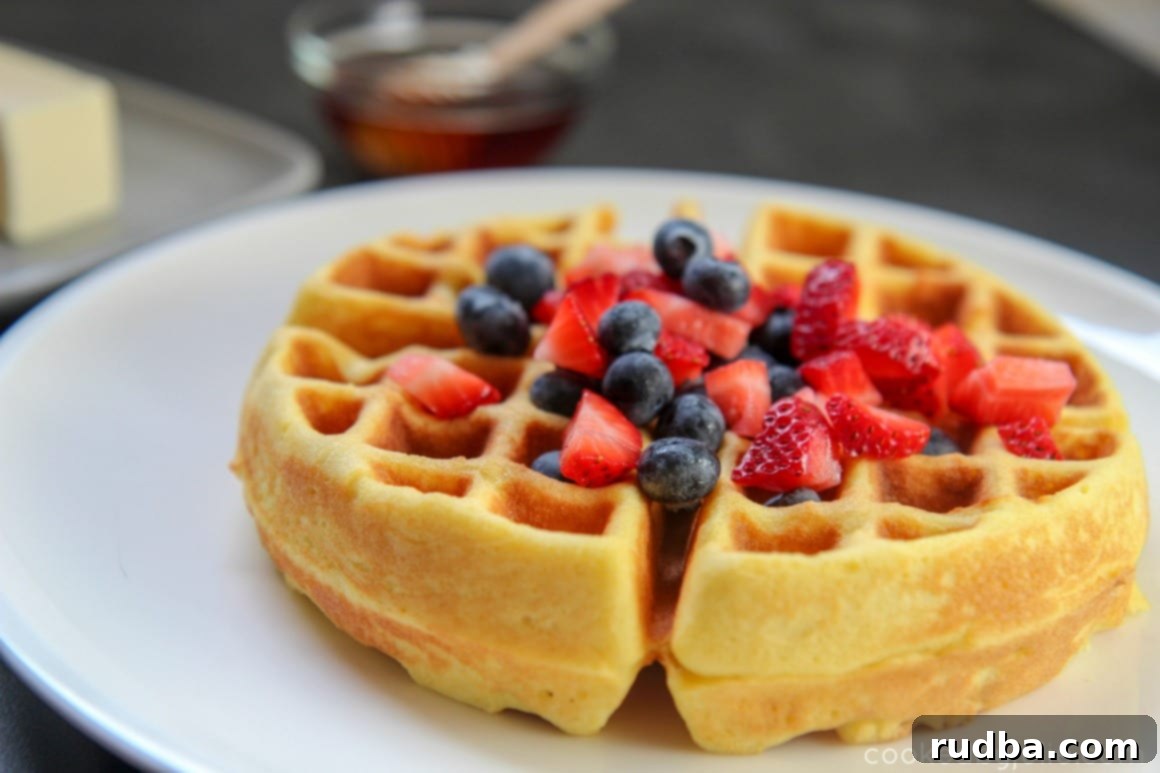 A stack of golden brown, fluffy Low Carb Belgian Waffles on a plate